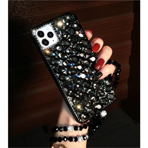 Luxury Fashion DIY Full Bling Black Diamond Case Cover With Crystal Neck Strap For Iphone 11 Pro XS Max X XR 8 7 6 6S Plus SE