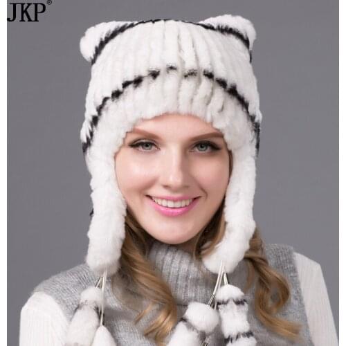 Winter Women Hats Real Rex Rabbit Fur Hat Ear Protector Caps with Fur Flower Ball PomPon Female Knitted Bomber Fur Hat THY-04