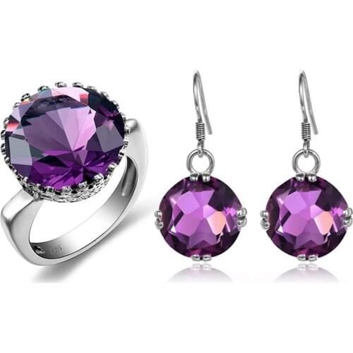 Szjinao 925 Silver Jewelry Set for Women Sparkling Purple Amethyst Gothic Big Earrings Ring Sets Round Shape Luxury Fine Jewelry