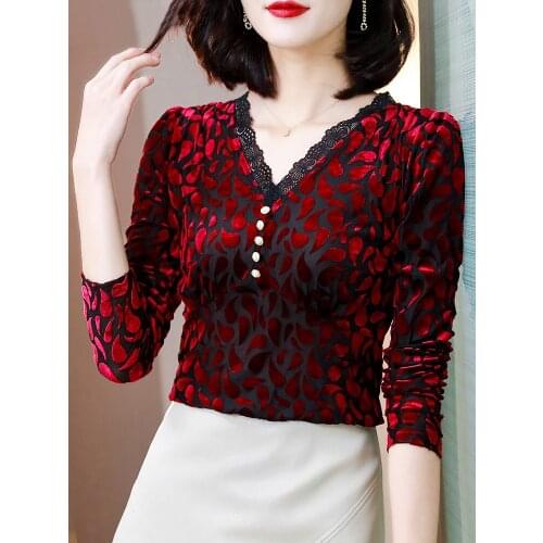 Vintage Velvet Flower Women T-shirt Long-sleeve Stitching Lace Bottoming Streetwear Women Tops Womens Leopard Print T Shirts