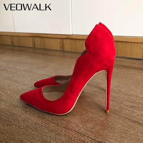 Veowalk Curl Cut Women Solid Flock Pointed Toe Stiletto Pumps Faux Suede Ladies Unique 12cm High Heel Wedding Bridal Dress Shoes