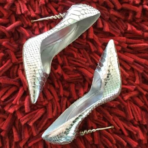 Sexy Metal Screw Heels Reflected Golden Snake Leather Pumps patent Leather Shoes Bling Distorted High Heels Woman Party shoes