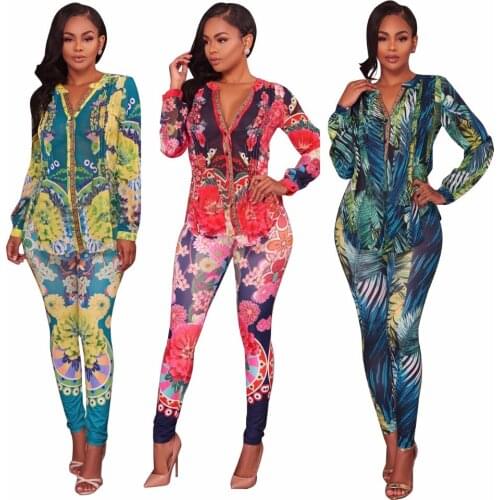 2019 Spring Fashion Women clothes Plus size two piece set Print top Flower blusas Tight Pants Fashion suit