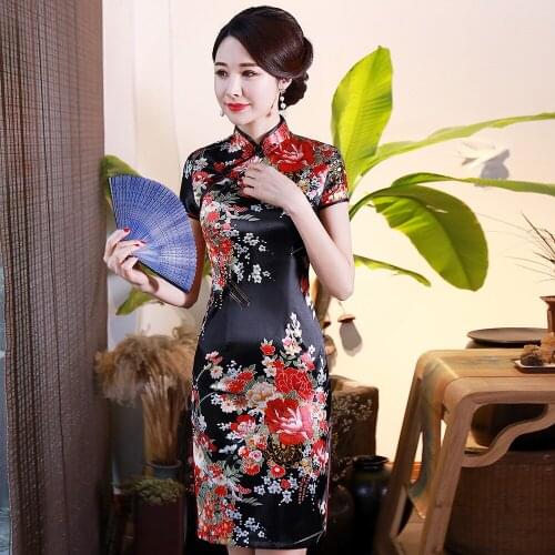 BLACK Print Flower Women Short Slim Cheongsam Sexy High Split Chinese Traditional Dress Plus Size Rayon Qipao Vestidos S-6XL