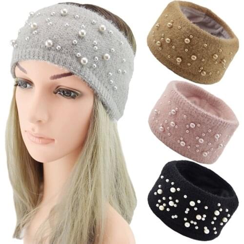 Winter Warm Knitted Headband Elegant Pearls Wide Turban Lady soft Crochet Hair Bands Solid Color Wool Hairband Hair Accessories