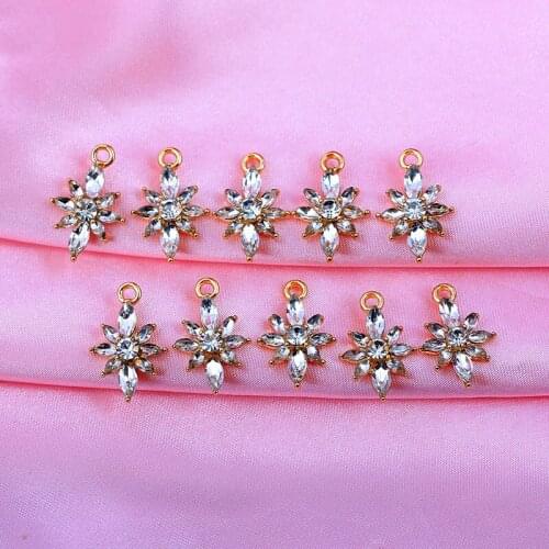 10Pcs Gold Color Transparent Crystal Flowers Charm Shining Plant Pendant For DIY Jewelry Making Earring Accessories Wholesale