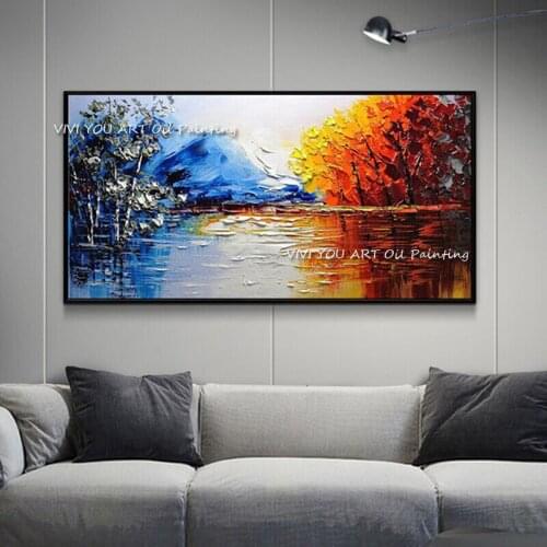 100% Handpainted Color River View Abstract Tree Dream Oil Paintings Art Wall Pictures Home Wall Decor for Living Room Bed Room