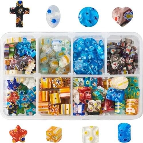 165pcs Millefiori Lampwork Glass Beads For Necklace Bracelet Jewelry Making Cross Heart Flower Rice Square Flat Round Shape