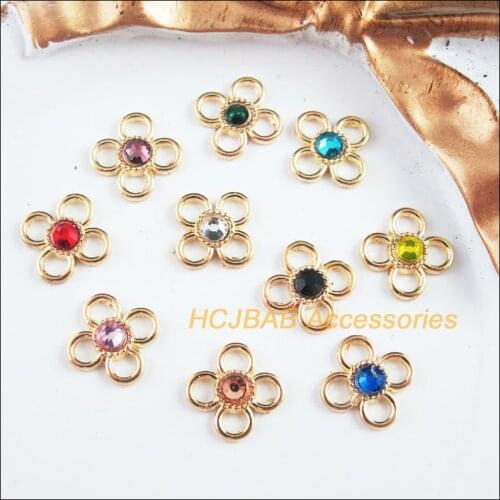 20Pcs Gold Color Retro Flower Clover Mixed Crystal Charms Connectors 11.5mm