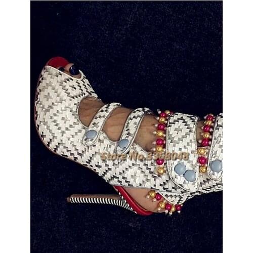 2021 New Arrivals Stylish Sandals Braided Leather Peep Toe Rome Shoes Thin High Heel Buckle Strap Custom Made Summer Shoes