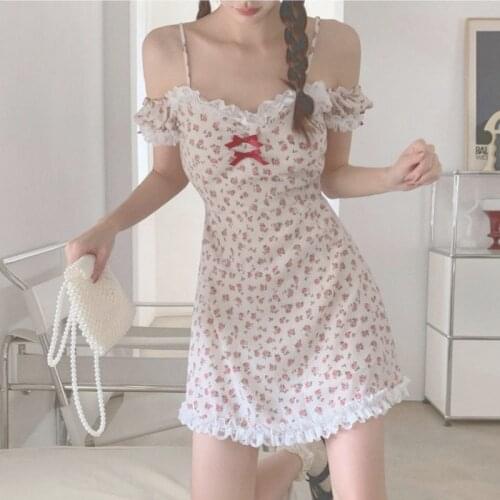 Floral Kawaii Sexy Party Mini Dresses Women Off Shoulder Print Sweet Beach Strap Dress Lace Chiffon Casual Summer Sundress 2021