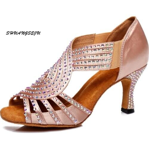 Womens Rhinestone Latin Ballroom Dance Shoes Girls Modern Tango Dancing Shoes Salsa Dance Shoes High Thin Heel Dance Shoes 10cm