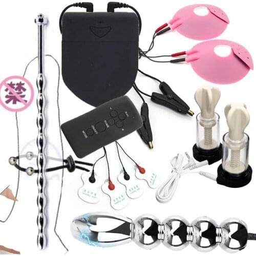 Electric Shock Pulse Anal Butt Plug Penis Stimulation Ring Urethral Catheter Nipple Sucker Clamps/Pad BDSM Chastity Sex Tool Kit