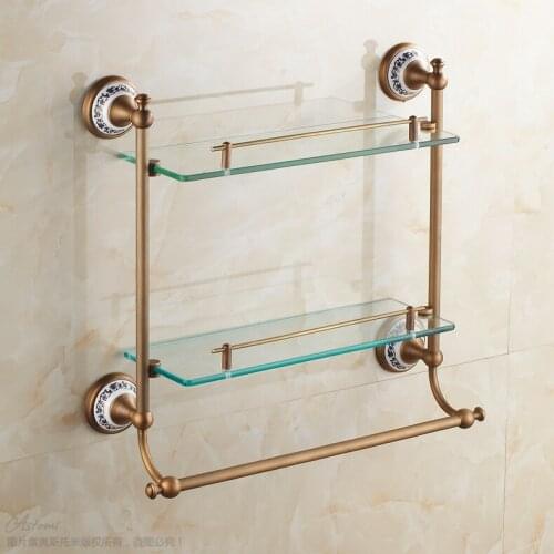 European Luxury Bronze Antique Ceramic Bathroom Glass Shelf Wall Mounted Double Layer Glass Shelves Bathroom Accessories