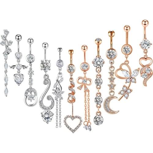 Fanpeijy New Zircon Fashion Surgical Stainless Steel Navel Piercing Flower Pendant Belly Button Rings Belly Piercing Body Jewely