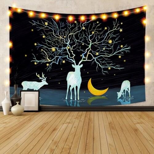 Fairy Nine Color Deer Beautiful Moon Black Background Green Plant Tapestry Living Room Bedroom Photography Decorative Tapestry