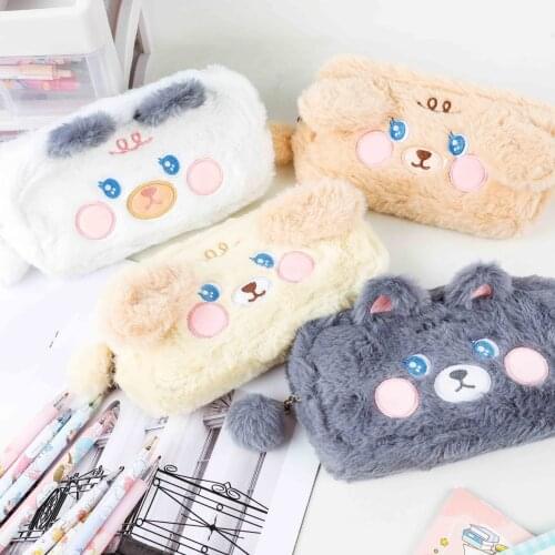 Flannel Cosmetic Bag Cartoon Soft Stationery Storage Box Student Plush Pencil Case Girls Large Capacity Embroidery Makeup Pouch