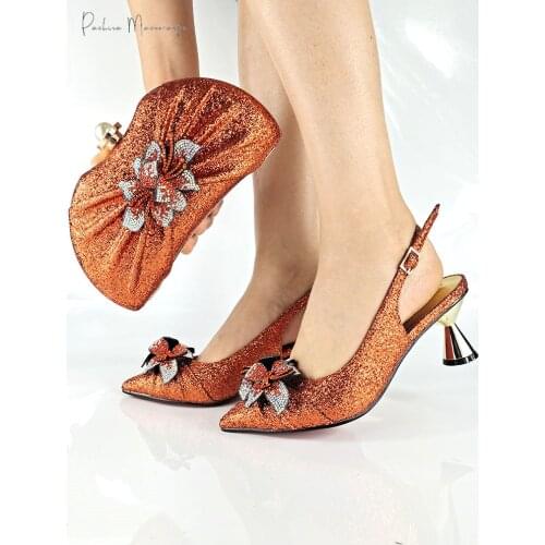 Italian Design Hot Selling Orange Color Nigerian Fashion Noble Party Ladies Shoes and Bag Set With Special Flower Decoration