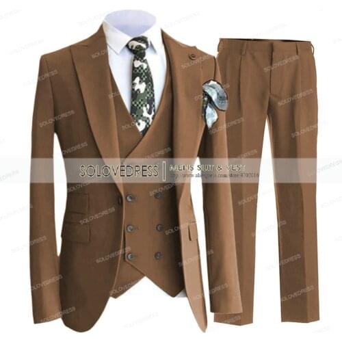 3 Pieces Coffee Mens Suit Casual Blazer Prom Double breasted Tuxedos Shawl Lapel Dinner Party Green Jacket For Wedding Grooms