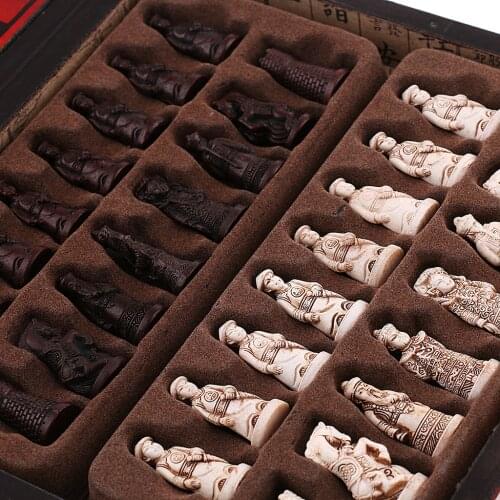 Wooden Chess Board Game Set with Durable Board and Resin Terracotta Warriors Pieces, Board Game for Family