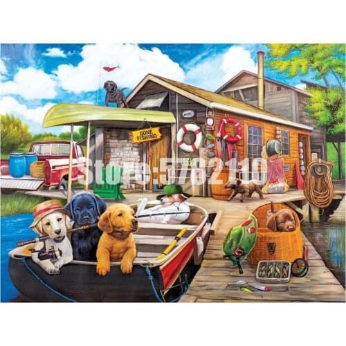 Gone Fishin 5D Diy Diamond Painting Cross Stitch Diamond Embroidery Dogs Boats Fishing Hobbies And Crafts Diamond Mosaic Kits