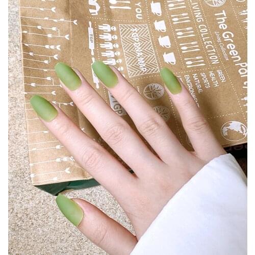 Fake Nails Long Flat-Head Frosted Green Wearable Nail Stickers Finished Nails 24 With Glue DL