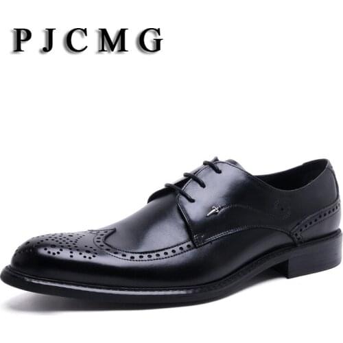 PJCMG New Classical Men Dress Flat Luxury Business Lace-Up Oxfords Casual Shoe Black / Red Genuine Leather Derby Wedding Shoes