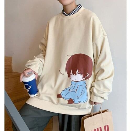 Cartoon Character Print Oversized Round neck sweater Mens Harajuku Pullover Casual Fashion Couple outfit Hoodie Trendy