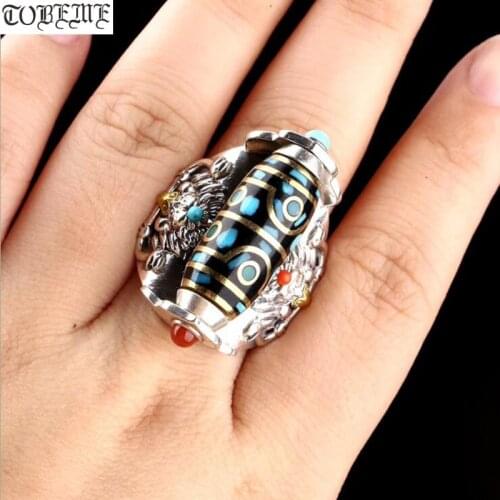 Handmade 925 Silver Tibetan Garuda DZI Ring Tibetan Good Luck Ring Turquoise Agate 8 eyes DZI Turning Ring