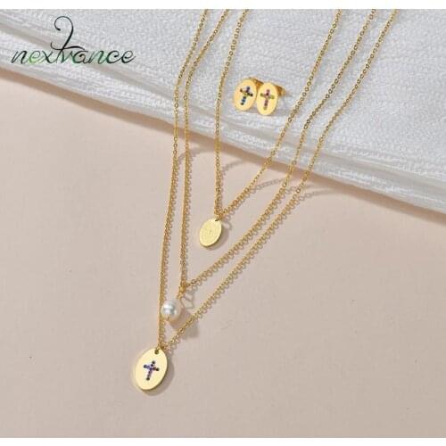 Nextvance Earrings Necklace Color Diamond Scripture Cross Pearl Necklace Stud Earrings Suit Jewelry Set For Women Gift Wholesale