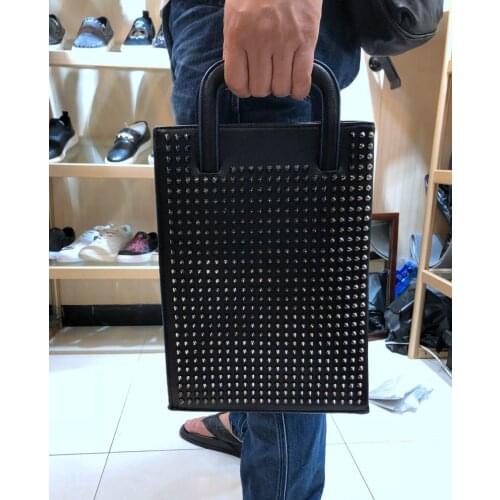 Mens and womens file bag handbag card bag leather rivet bag handbag pull-in bag casual briefcase
