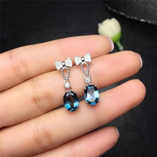 Blue Zircon Oval Crystal Dangle Earrings Cute Dainty Bowknot Small Drop Earrings For Women Vintage Silver Color Wedding Earrings