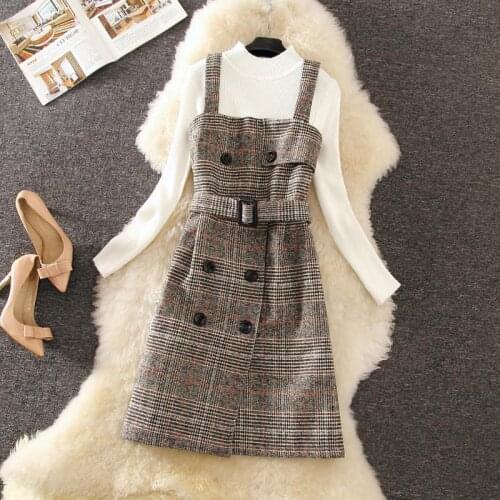 2020 New Autumn Elegant Long Sleeve Knit Pullover Sweater + High Waist Fashion Plaid Woolen Strap Dress Two-Piece Set