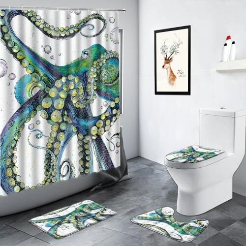 Funny Octopus Shower Curtains Ocean Animals Creative Personality Decor Bath Mat Non-slip Carpet WC Rugs Toilet Mats Bathroom Set