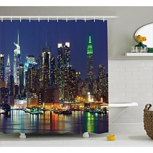 New York Shower Curtain NYC Midtown Skyline in Evening Skyscrapers Amazing Metropolis City States Bathroom Curtains Home Decor