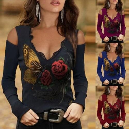 2021 Women New Off-Shoulder Color Matching Rose Print Womens Long-Sleeved T-Shirt Fashion Casual Loose Clothing