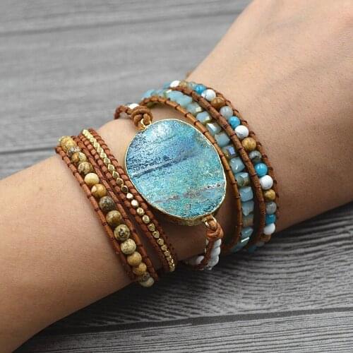 Bohemian Leather Bracelets Woman Natural Stone Beaded Wrap Bracelet Handmade Leather Stainless Steel Bangle Summer Beach Jewelry