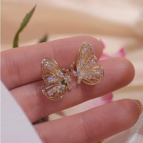 Luxury Cubic Zircon CZ Butterfly Stud Earrings for Women Japanese&Korea New Style 14K Gold Plated Hollow Earrings
