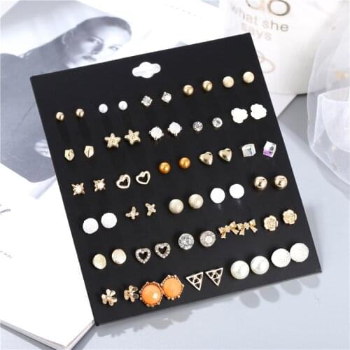 30Pairs Gold Silver Color Butterfly Bowknot Flower Small Ball Star Heart Stud Earrings Set For Women Girl Pearl Crystal Jewelry