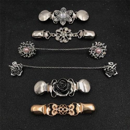 6pcs/set Crystal Engraved Flora Duckbill Buckle Brooch Antique Silver Color Clasp Clip Cardigan Collar Brooch Women Jewelry