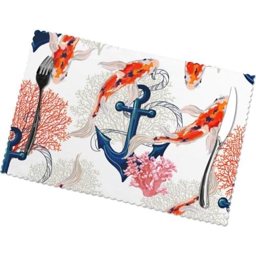 6 Pcs Placemat Japan Koi Fish Pond With Anchor Fabric Table Mats Tableware Kitchen Tool Table Mats