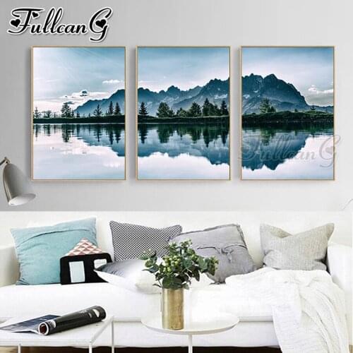 FULLCANG 5d diy diamond embroidery mountain lake reflection landscape painting triptych full square round drill decor FC3525