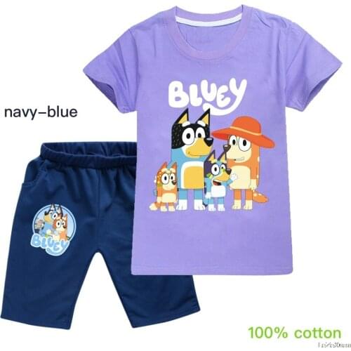 Bingo blueyi Princess Print Girls T shirt sets Cartoon bluey Casual Kids Clothes 100% Cotton Summer T-shirt + Shorts 2pcs sets