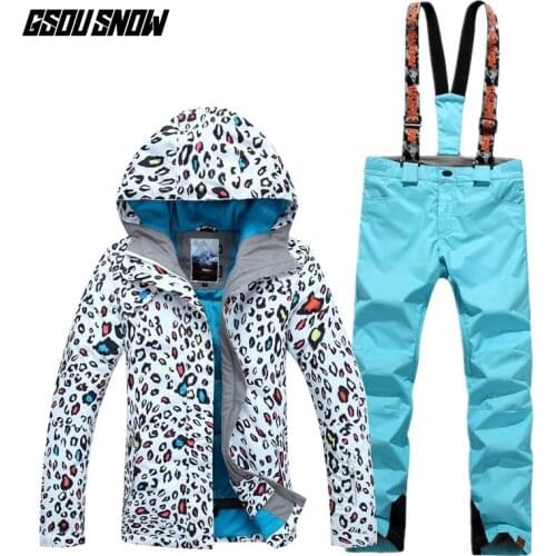 GSOU SNOW Womens Leopard Pattern Ski Suit Winter Thickening Warm Breathable Waterproof Windproof Ski Jacket Ski Trousers