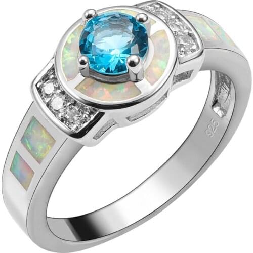 Simulated Aquamarine With White Fire Opal 925 Sterling Silver Ring For Woman Size 6 7 8 9 10 R1555