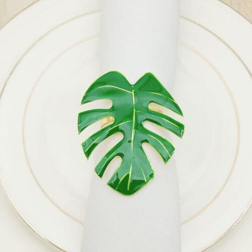 Pack of 6 Green Leaf Napkin Rings Hawaii Summer Metal Serviette Buckles for Christmas Table Decoration Festival Decor