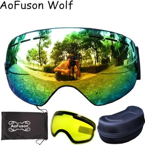 Snowboard ski goggles+night vision lens+hard box high-quality double layers anti-fog big vision spherical snow mask glasses set