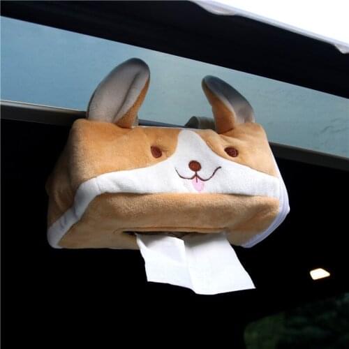 Cartoon Car Tissue Box Cute Dog Sunroof Sunshade Hanging Paper Tower Box Holder Plush Auto Tissue Storage Organizer BagTower