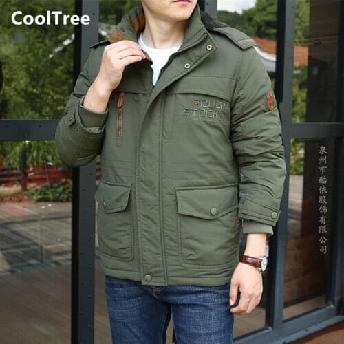 CoolTree Men Fleece Jackets Parkas Autumn Winter Plus velvet Thick Warm Hooded Coats Male Solid color Windbreaker Outerwear 6XL