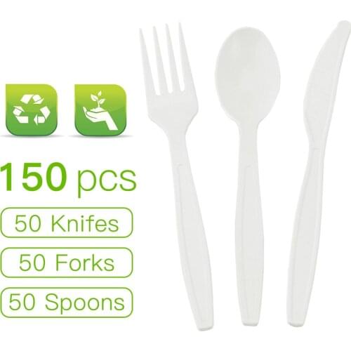 Pcs Disposable Utensils 100 Compostable Forks Spoons Knives Cutlery Combo Set Durable and Heat Resistant Plastic with incredible